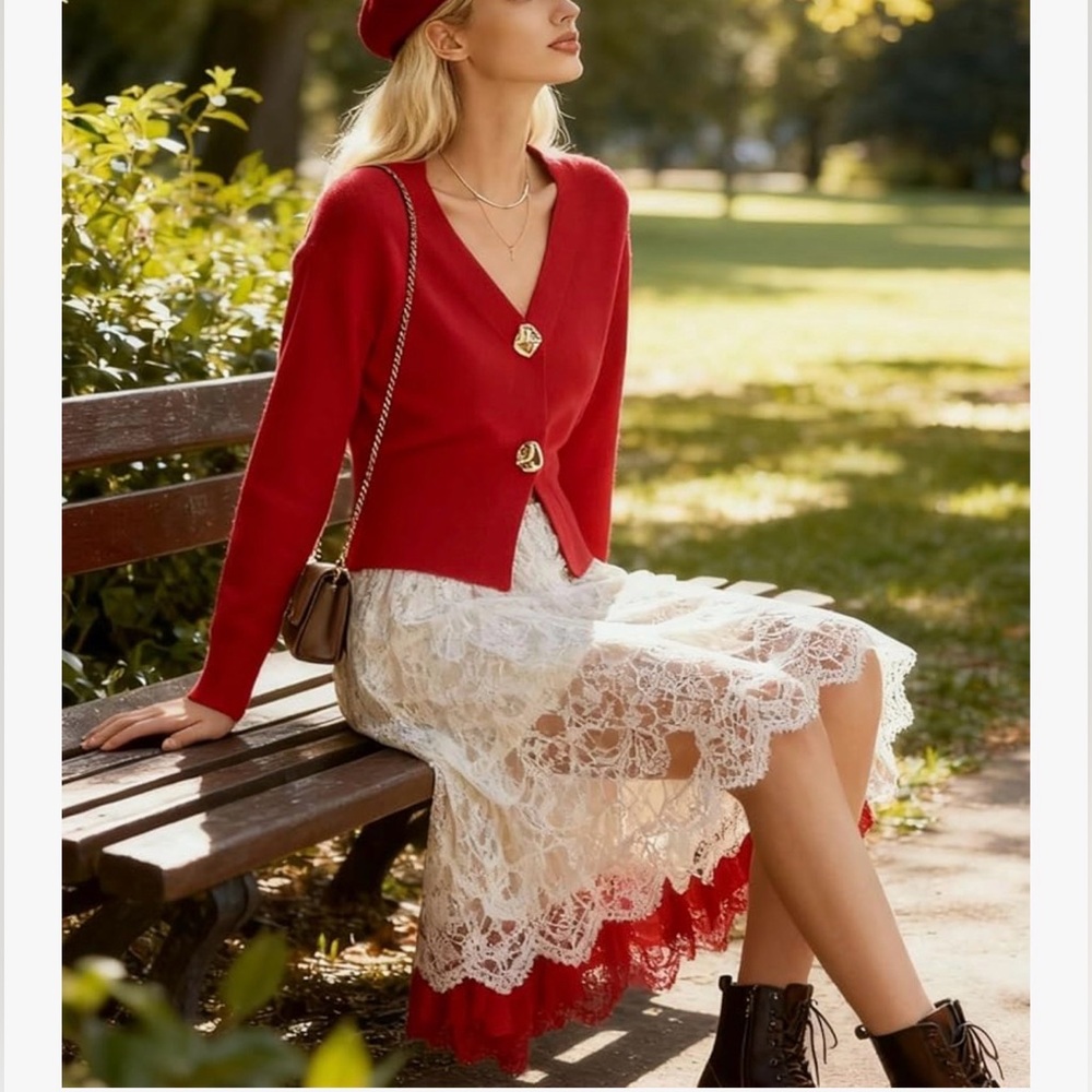 NWT Red Sweater with Button Detail-S - Picture 3 of 17